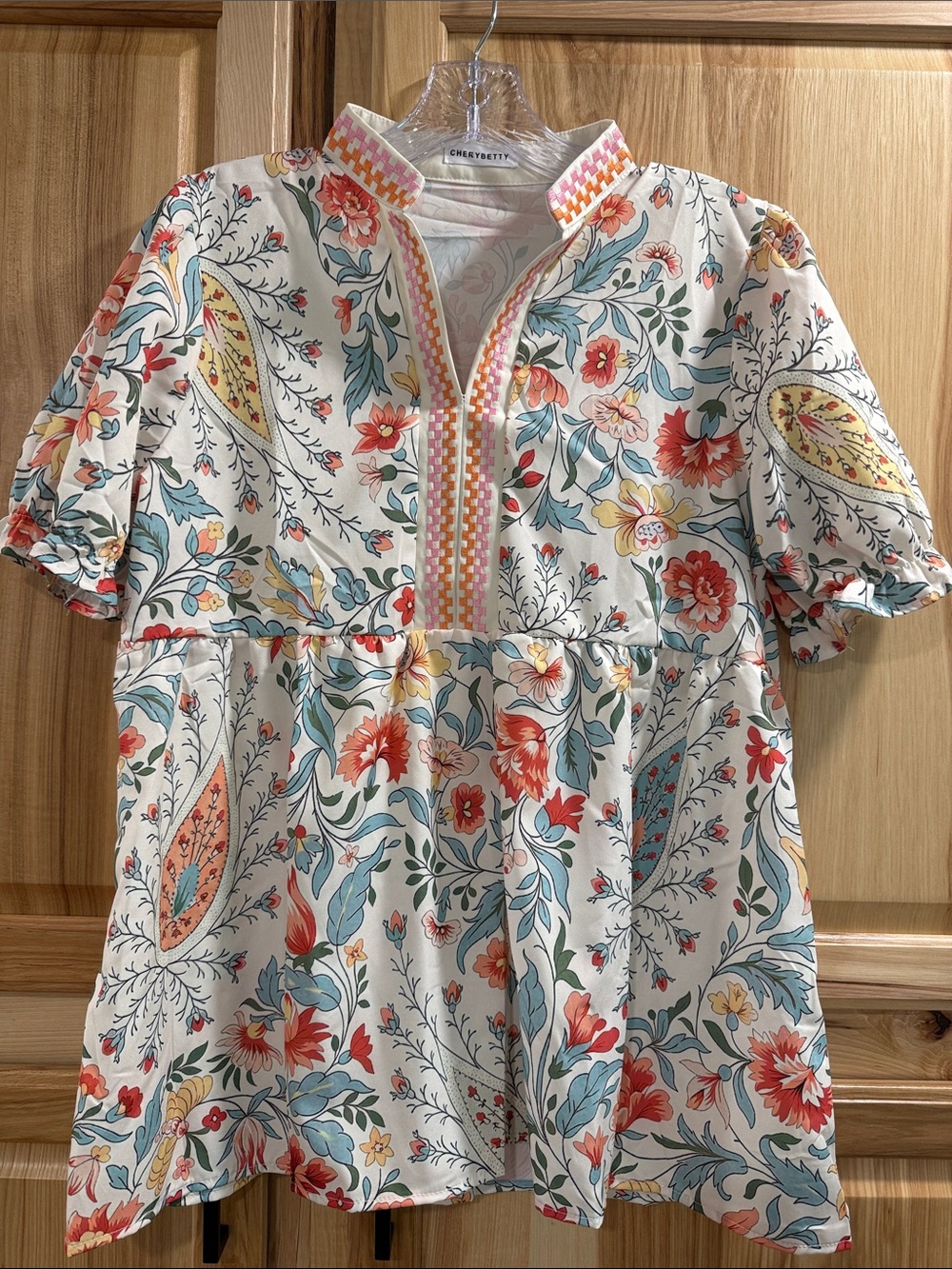 Cherry Betty Cottagecore Boho Floral Popover Top with Mandarin Collar Size S